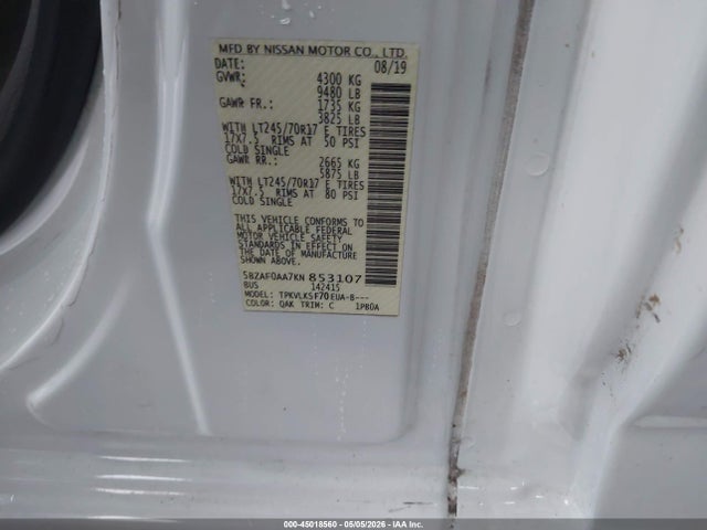 2019 Nissan Nv Passenger Nv3500 Hd Sl V8 მანქანა იყიდება აუქციონზე, vin: 5BZAF0AA7KN853107, აუქციონის ნომერი: 45018560