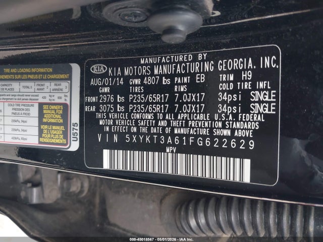 45018567 :رقم المزاد ، 5XYKT3A61FG622629 vin ، 2015 Kia Sorento Lx مزاد بيع
