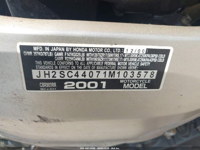 Aukcja sprzedaży 2001 Honda Cbr900 Rr, vin: JH2SC44071M103578, numer aukcji: 45018568