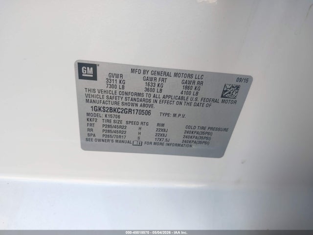 45018570 :رقم المزاد ، 1GKS2BKC2GR170506 vin ، 2016 Gmc Yukon Slt مزاد بيع