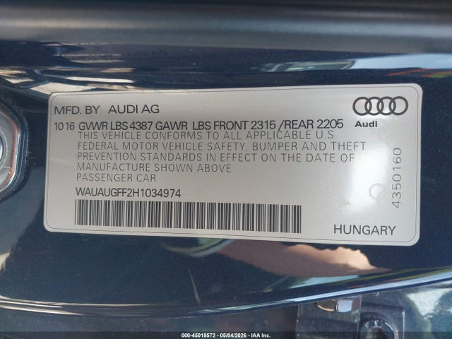 Aukcja sprzedaży 2017 Audi A3 2.0t Premium, vin: WAUAUGFF2H1034974, numer aukcji: 45018572