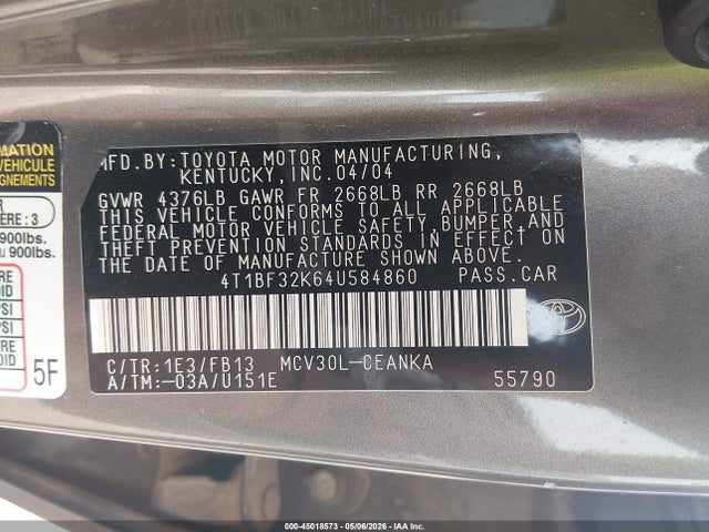 45018573 :رقم المزاد ، 4T1BF32K64U584860 vin ، 2004 Toyota Camry Le V6 مزاد بيع