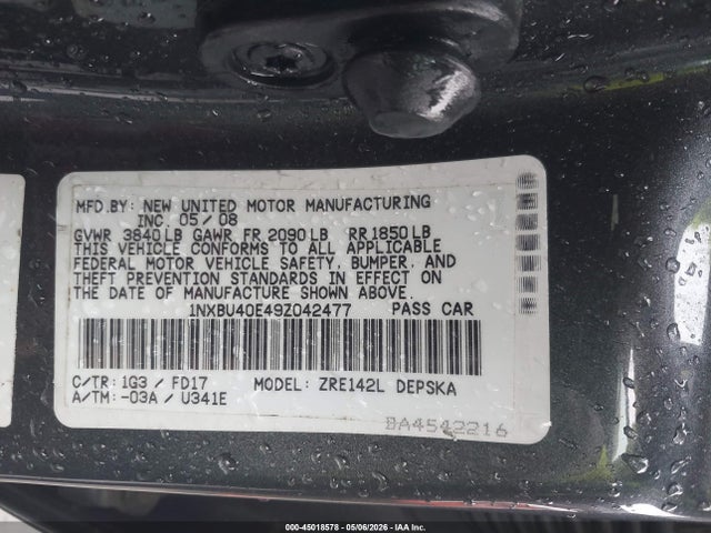 Aukcja sprzedaży 2009 Toyota Corolla S, vin: 1NXBU40E49Z042477, numer aukcji: 45018578