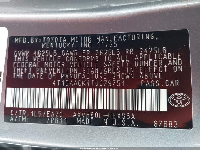 Aukcja sprzedaży 2026 Toyota Camry Se, vin: 4T1DAACK4TU679751, numer aukcji: 45018582