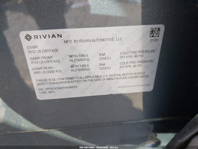 Auction sale of the 2026 Rivian R1s Dual Motor Max Pack/performance Dual Motor Max Pack, vin: 7PDSGCBA3TN089073, lot number: 45018585