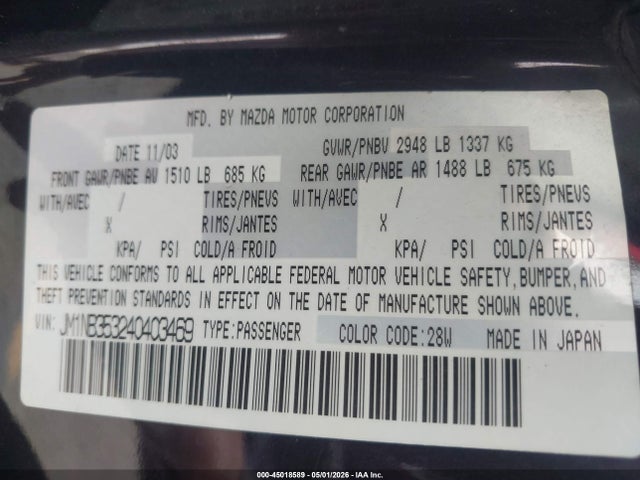 Auction sale of the 2004 Mazda Mx-5 Miata Cloth, vin: JM1NB353240403469, lot number: 45018589