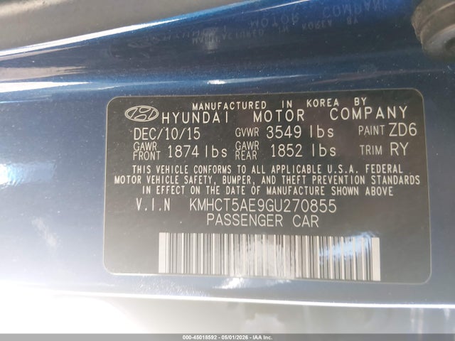 2016 Hyundai Accent Se მანქანა იყიდება აუქციონზე, vin: KMHCT5AE9GU270855, აუქციონის ნომერი: 45018592