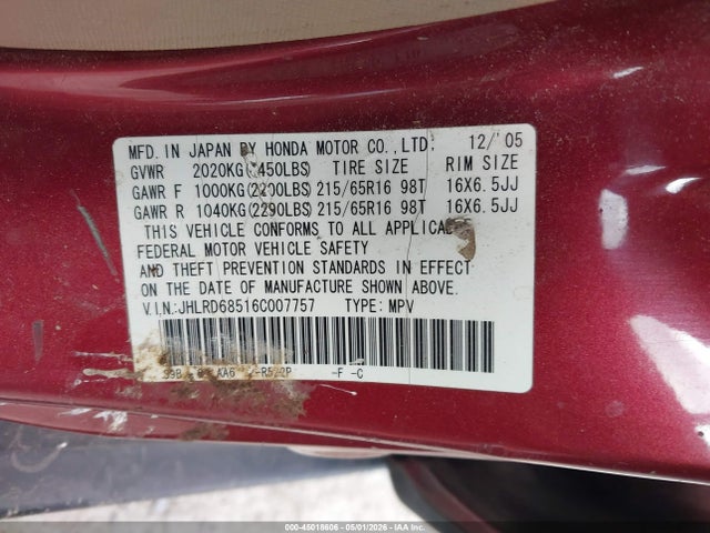 Продажа на аукционе авто 2006 Honda Cr-v Lx, vin: JHLRD68516C007757, номер лота: 45018606