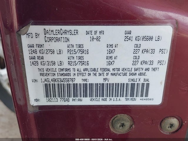 Продаж на аукціоні авто 2003 Jeep Liberty Sport, vin: 1J4GL48K63W558787, номер лоту: 45018609