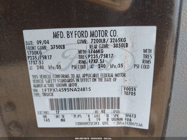 Продаж на аукціоні авто 2005 Ford F-150 Fx4/lariat/xl/xlt, vin: 1FTPX14595NA24815, номер лоту: 45018616