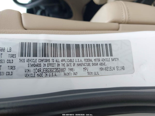 Продаж на аукціоні авто 2016 Jeep Grand Cherokee Limited, vin: 1C4RJEBG3GC352087, номер лоту: 45018618