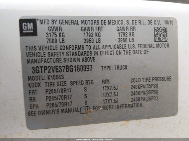 Aukcja sprzedaży 2011 Gmc Sierra 1500 Sle, vin: 3GTP2VE37BG180097, numer aukcji: 45018619