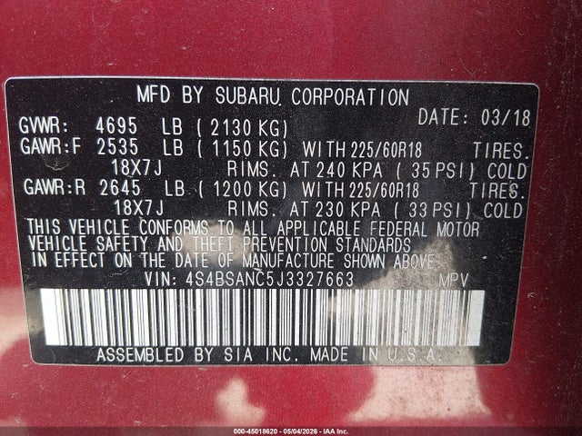 Auction sale of the 2018 Subaru Outback 2.5i Limited, vin: 4S4BSANC5J3327663, lot number: 45018620