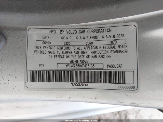 Aukcja sprzedaży 2000 Volvo S40 A/as, vin: YV1VS2550YF435135, numer aukcji: 45018621