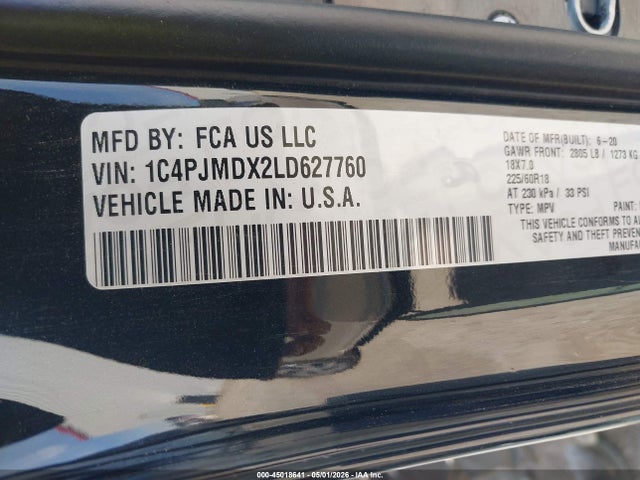 45018641 :رقم المزاد ، 1C4PJMDX2LD627760 vin ، 2020 Jeep Cherokee Limited 4x4 مزاد بيع