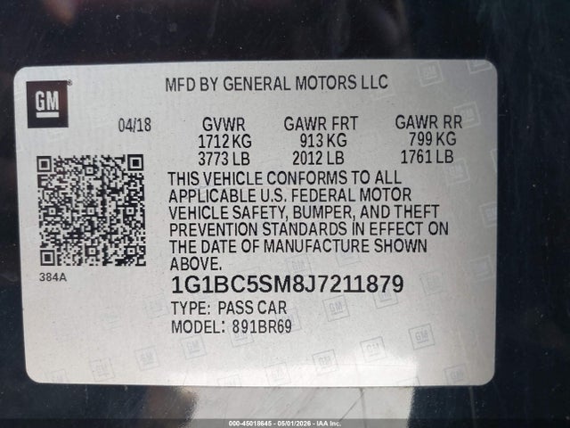 45018645 :رقم المزاد ، 1G1BC5SM8J7211879 vin ، 2018 Chevrolet Cruze Ls Auto مزاد بيع