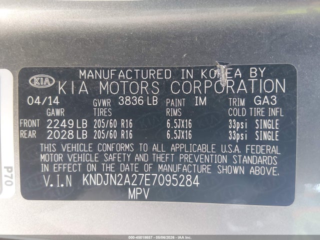 45018657 :رقم المزاد ، KNDJN2A27E7095284 vin ، 2014 Kia Soul مزاد بيع