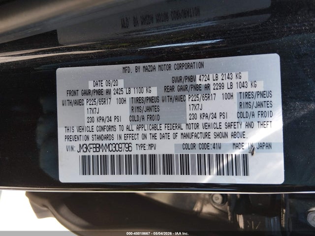 Aukcja sprzedaży 2021 Mazda Cx-5 Sport, vin: JM3KFBBMXM0309796, numer aukcji: 45018667