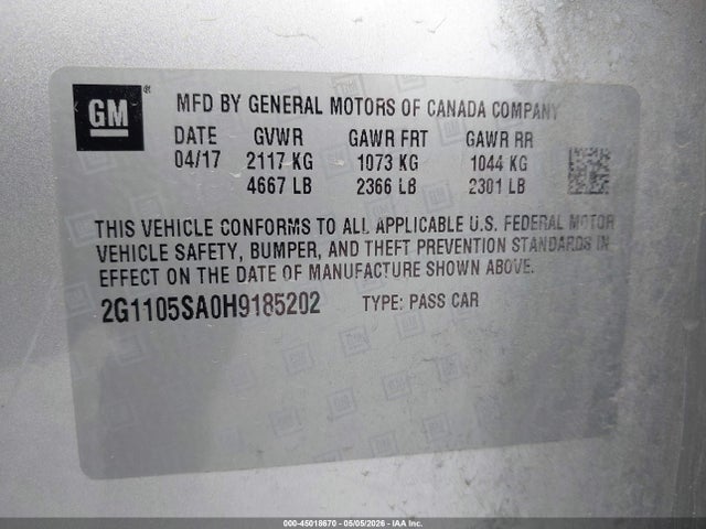 45018670 :رقم المزاد ، 2G1105SA0H9185202 vin ، 2017 Chevrolet Impala 1lt مزاد بيع
