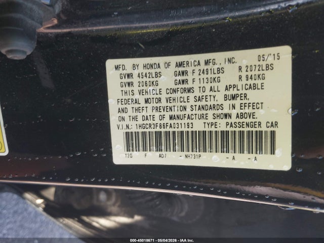 Продажа на аукционе авто 2015 Honda Accord Ex-l V-6, vin: 1HGCR3F86FA031193, номер лота: 45018671