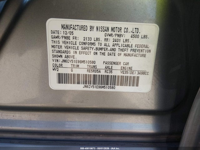 45018673 :رقم المزاد ، JNKCV51E96M510580 vin ، 2006 Infiniti G35 مزاد بيع