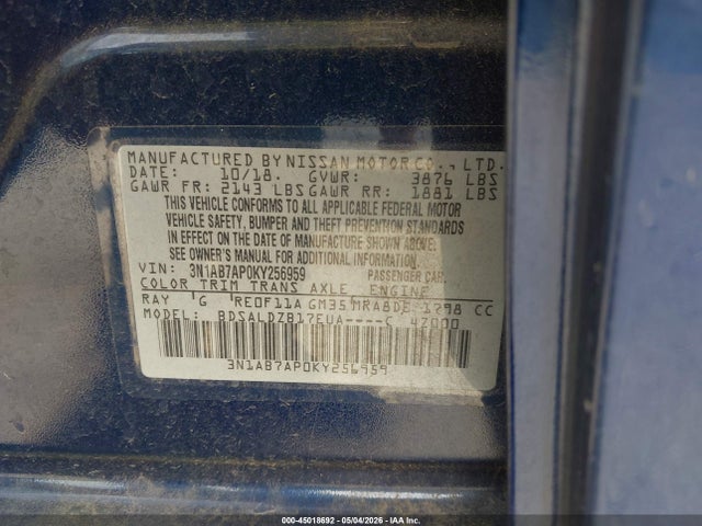 2019 Nissan Sentra Sv მანქანა იყიდება აუქციონზე, vin: 3N1AB7AP0KY256959, აუქციონის ნომერი: 45018692
