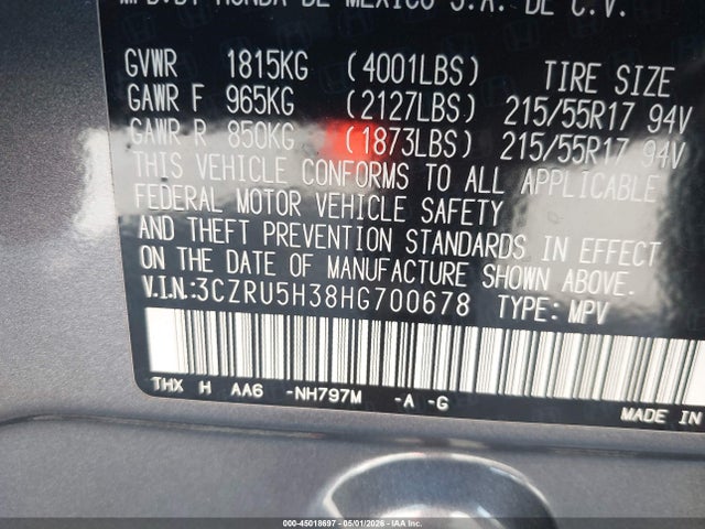 45018697 :رقم المزاد ، 3CZRU5H38HG700678 vin ، 2017 Honda Hr-v Lx مزاد بيع