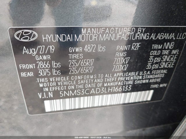 5NMS3CAD3LH166133 Hyundai Santa Fe Sel