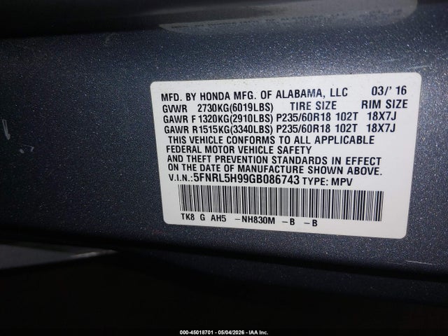 2016 Honda Odyssey Touring/touring Elite მანქანა იყიდება აუქციონზე, vin: 5FNRL5H99GB086743, აუქციონის ნომერი: 45018701