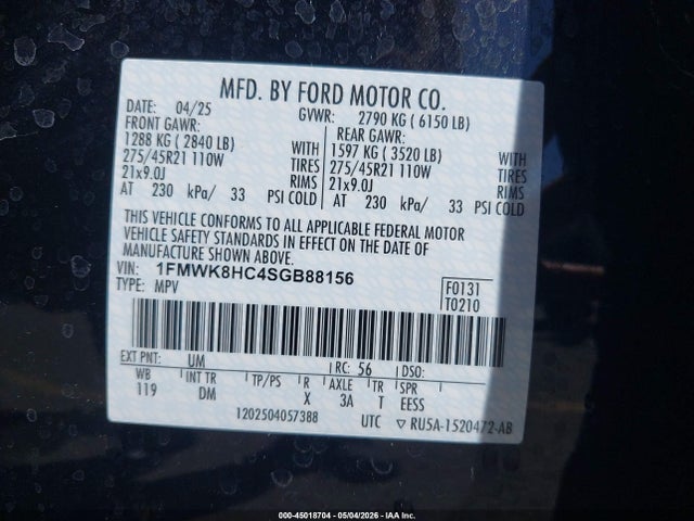 Aukcja sprzedaży 2025 Ford Explorer Platinum, vin: 1FMWK8HC4SGB88156, numer aukcji: 45018704