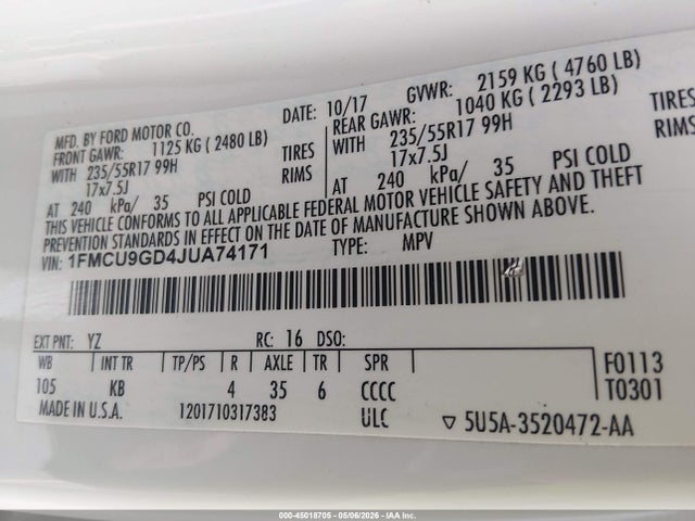 45018705 :رقم المزاد ، 1FMCU9GD4JUA74171 vin ، 2018 Ford Escape Se مزاد بيع