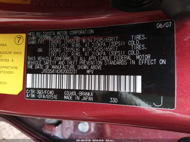 Продаж на аукціоні авто 2008 Toyota Highlander, vin: JTEDS41A282003231, номер лоту: 45018708