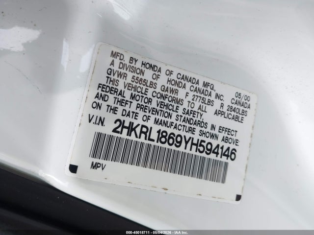 Aukcja sprzedaży 2000 Honda Odyssey Ex, vin: 2HKRL1869YH594146, numer aukcji: 45018711