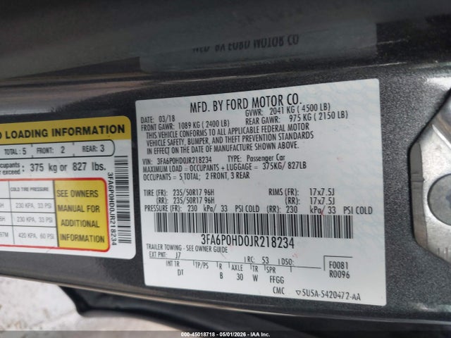 45018718 :رقم المزاد ، 3FA6P0HD0JR218234 vin ، 2018 Ford Fusion Se مزاد بيع