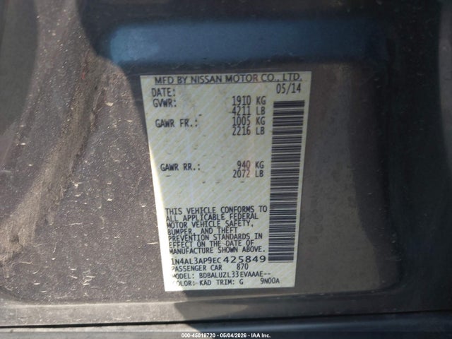 Aukcja sprzedaży 2014 Nissan Altima 2.5 Sv, vin: 1N4AL3AP9EC425849, numer aukcji: 45018720