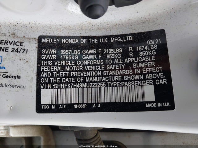 SHHFK7H49MU222255 Honda Civic Sport