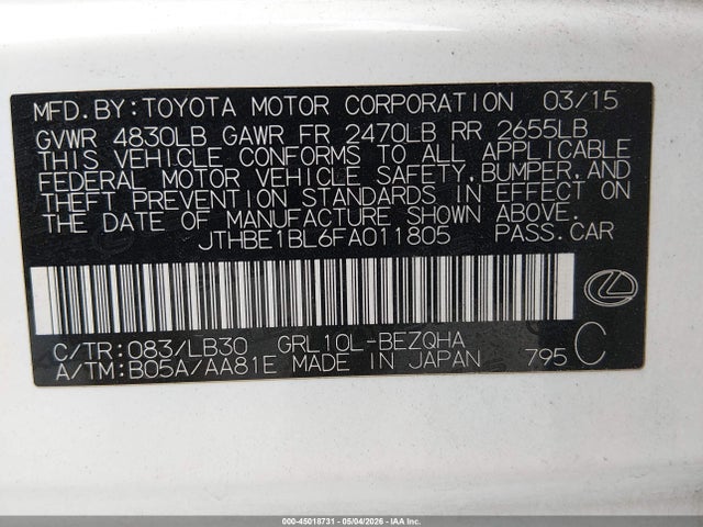 2015 Lexus Gs 350 მანქანა იყიდება აუქციონზე, vin: JTHBE1BL6FA011805, აუქციონის ნომერი: 45018731