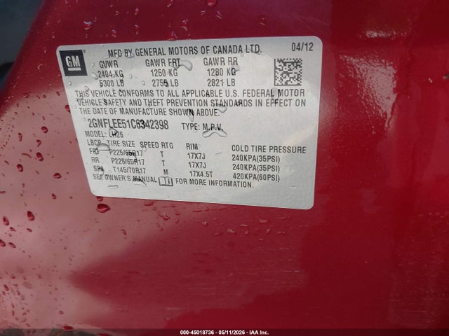 2012 Chevrolet Equinox 1lt მანქანა იყიდება აუქციონზე, vin: 2GNFLEE51C6342398, აუქციონის ნომერი: 45018736