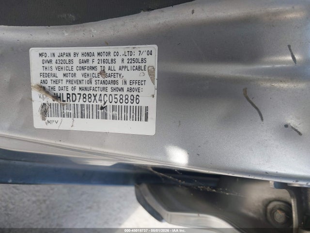 45018737 :رقم المزاد ، JHLRD788X4C058896 vin ، 2004 Honda Cr-v Ex مزاد بيع