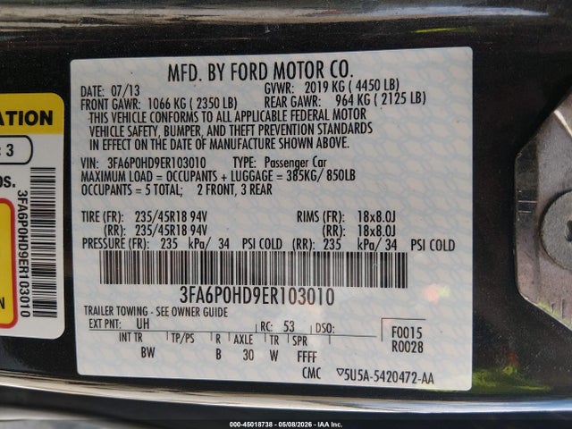 Продажа на аукционе авто 2014 Ford Fusion Se, vin: 3FA6P0HD9ER103010, номер лота: 45018738