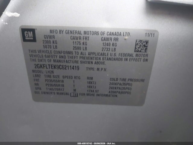Продажа на аукционе авто 2012 Gmc Terrain Sle-2, vin: 2GKFLTEK9C6211419, номер лота: 45018742