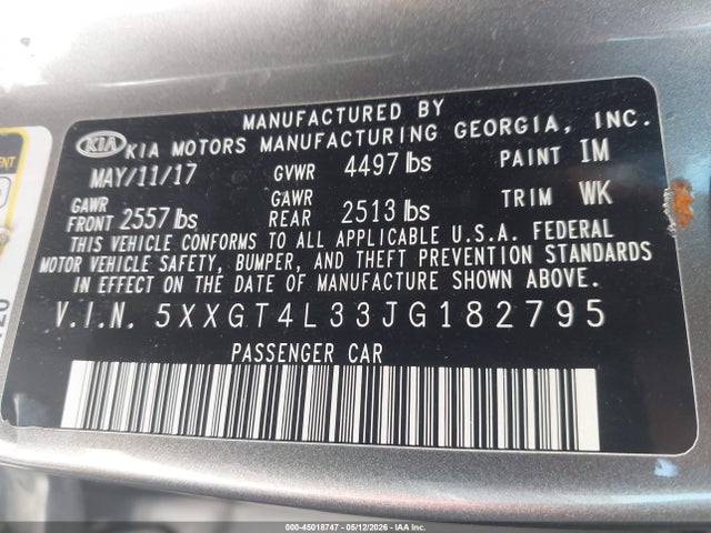 45018747 :رقم المزاد ، 5XXGT4L33JG182795 vin ، 2018 Kia Optima Lx مزاد بيع