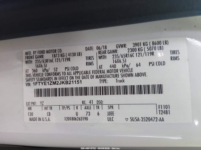 Ford Transit-150 2018 1FTYE1ZM2JKB21151 Image 9