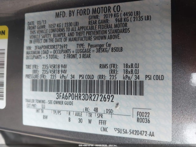45018755 :رقم المزاد ، 3FA6P0HR3DR272692 vin ، 2013 Ford Fusion Se مزاد بيع