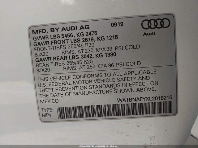 Продажа на аукционе авто 2020 Audi Q5 Premium Plus 45 Tfsi Quattro S Tronic, vin: WA1BNAFYXL2018215, номер лота: 45018760