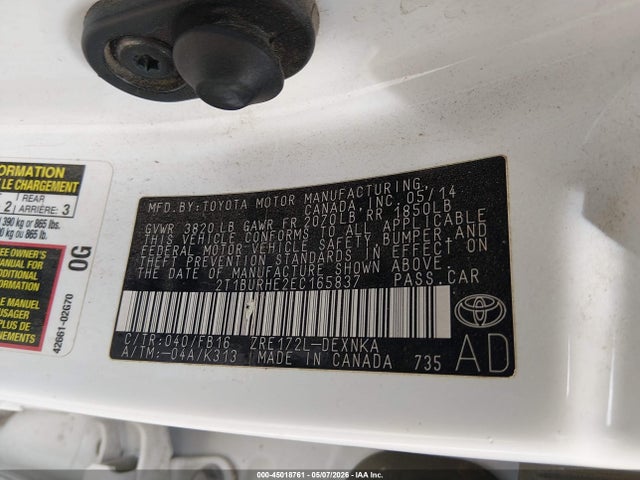 2014 Toyota Corolla Le მანქანა იყიდება აუქციონზე, vin: 2T1BURHE2EC165837, აუქციონის ნომერი: 45018761