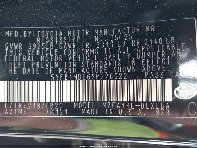 Продаж на аукціоні авто 2025 Toyota Corolla Le, vin: 5YFB4MDE6SP320622, номер лоту: 45018763