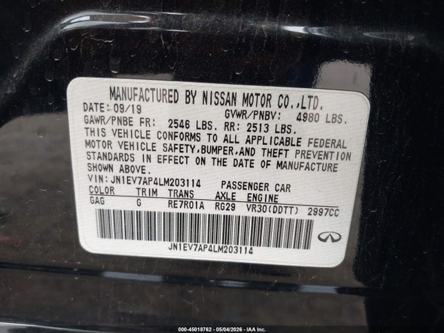 Aukcja sprzedaży 2020 Infiniti Q50, vin: JN1EV7AP4LM203114, numer aukcji: 45018762