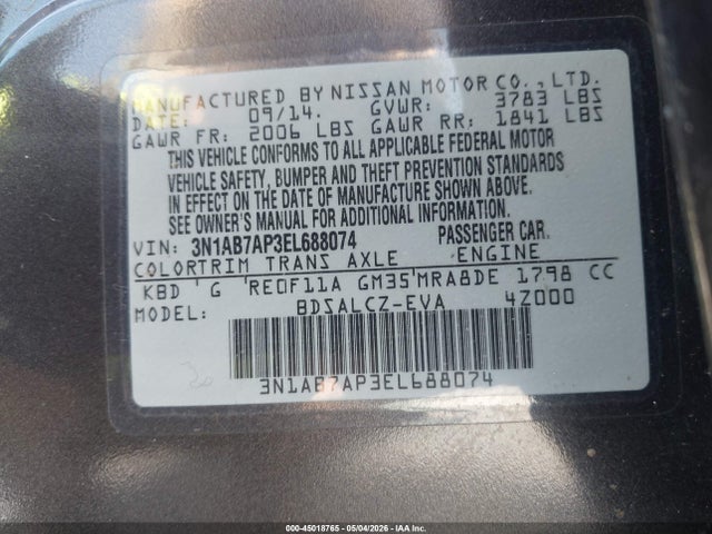 Aukcja sprzedaży 2014 Nissan Sentra S, vin: 3N1AB7AP3EL688074, numer aukcji: 45018765