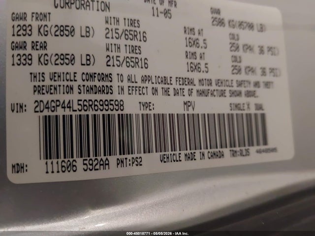 Продажа на аукционе авто 2006 Dodge Grand Caravan Sxt, vin: 2D4GP44L56R699598, номер лота: 45018771
